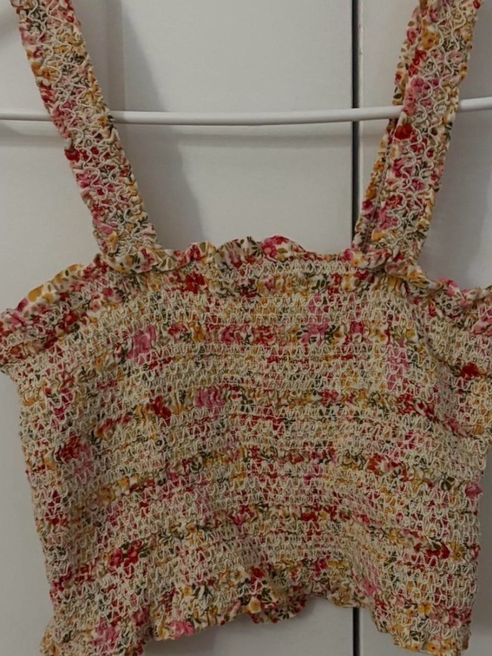 Smocked Floral Crop Top - Cream with Pink & Yellow Accents
